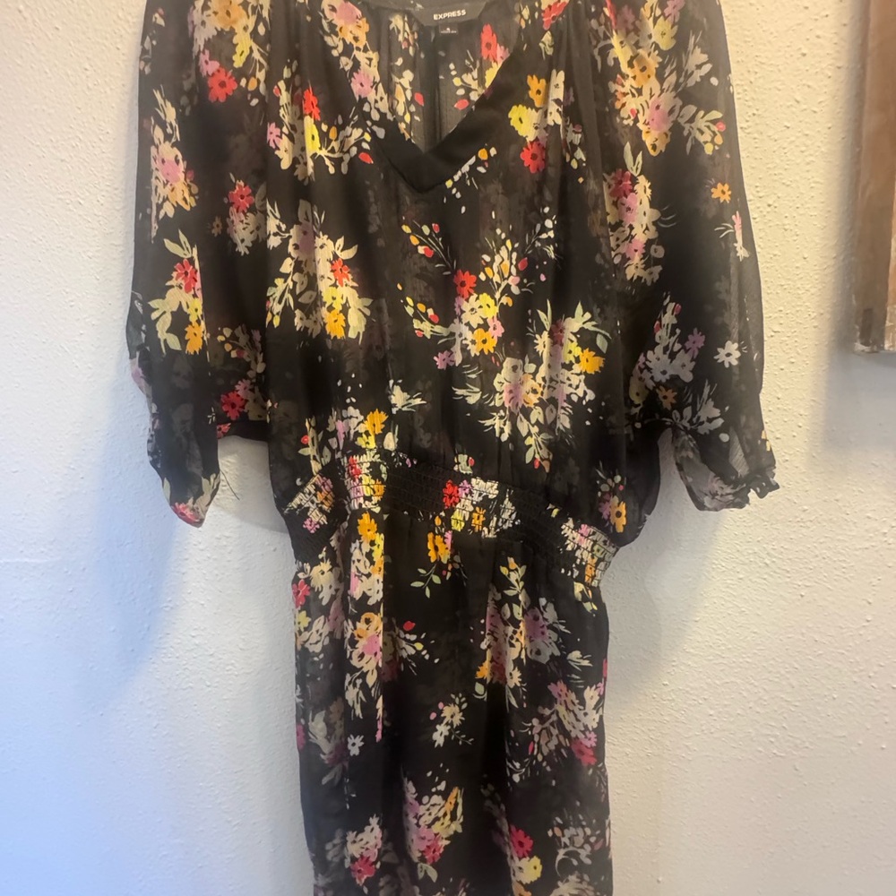 Express Black Floral Midi Dress with Yellow & Pink Accents